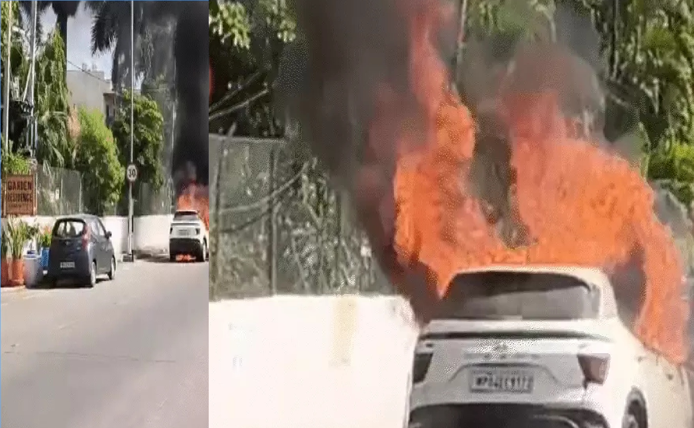 भोपाल के कोलार रोड पर SUV में लगी आग, इलाके में मची अफरा-तफरी