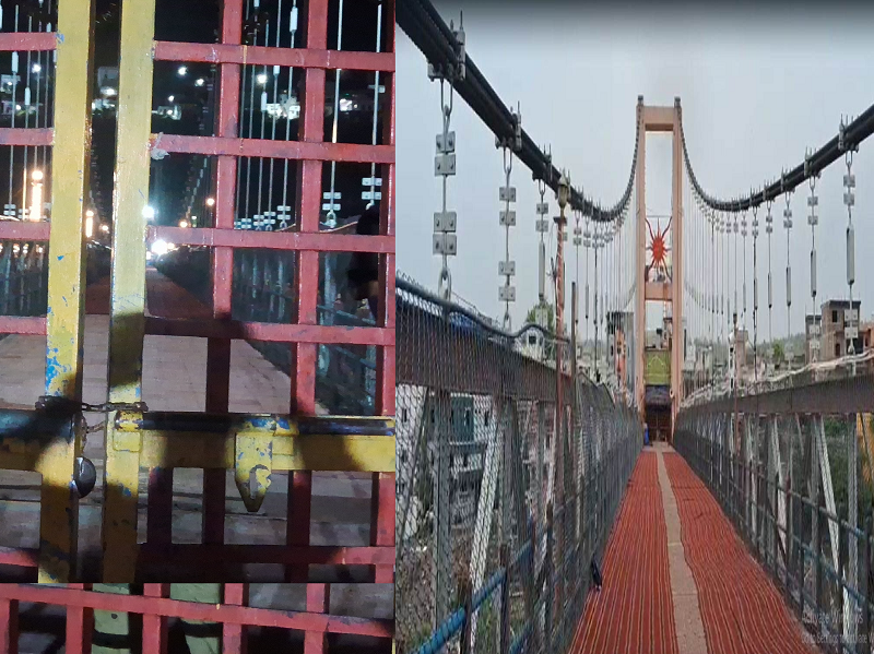 ओंकारेश्वर झूला पुल पर बढ़ा सुरक्षा संकट, लोडिंग तार की कड़ी टूटने के बाद आवागमन पूरी तरह बंद, तीन दिन तक जारी रह सकता है मरम्मत कार्य