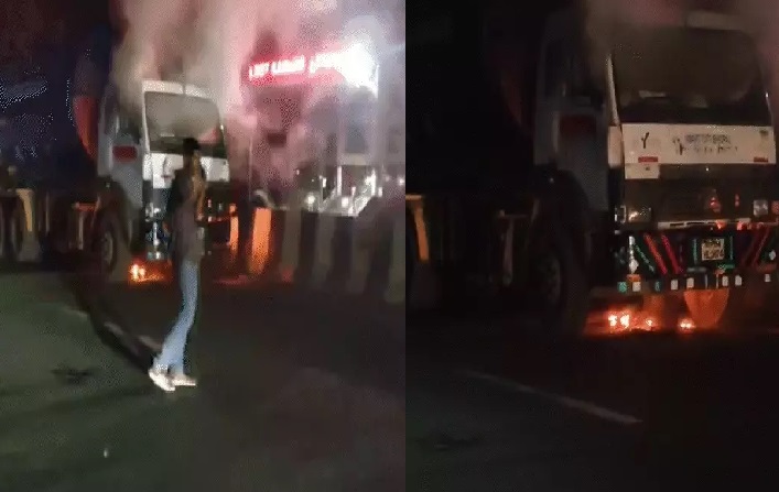 एलएनसीटी यूनिवर्सिटी के सामने जल उठा नगर निगम का ट्रक आधे घंटे तक नहीं पहुंची दमकल सामने आई बड़ी लापरवाही