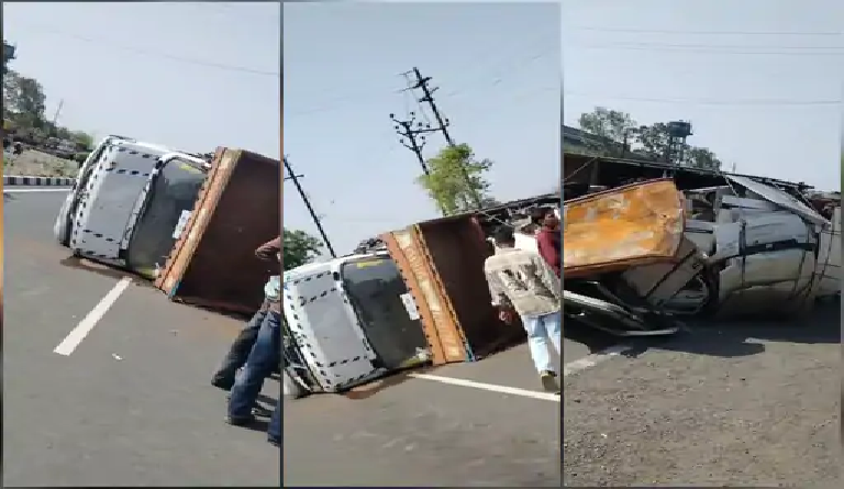 मंदसौर के फतेहगढ़ में फोरलेन पर स्क्रैप लदा वाहन पलटा, बड़ा हादसा टला