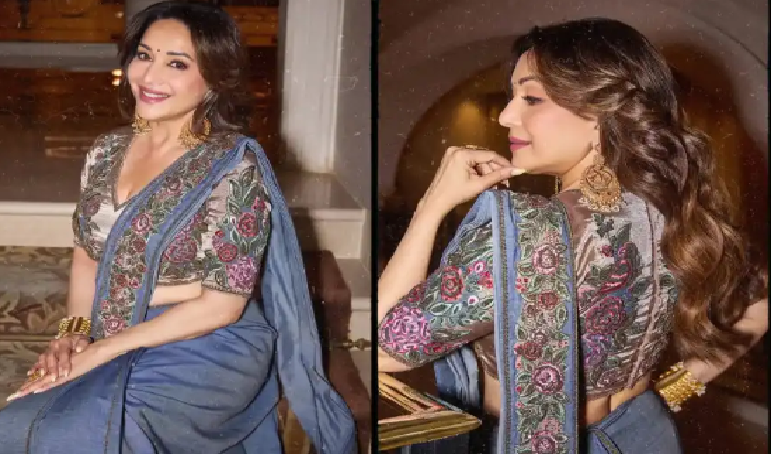 रॉयल ब्लू साड़ी में छाईं Madhuri Dixit, 'मां बहन' की सफलता के बीच फिर दिखा धक-धक गर्ल का शाही अंदाज