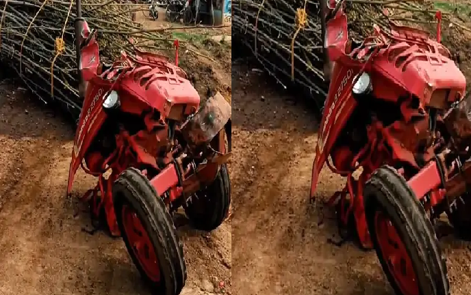 पूरनखेड़ी के पास बड़ा सड़क हादसा टला: कैंटर की टक्कर से ट्रैक्टर तीन हिस्सों में टूटा, चालक फरार