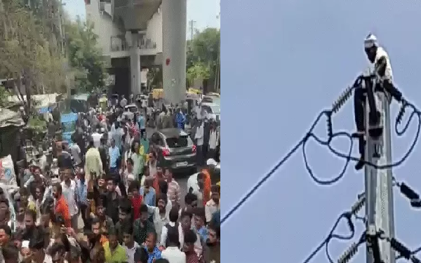 भोपाल में हाईटेंशन लाइन पर चढ़ा युवक, तारों पर चलता रहा; 57 मिनट की मशक्कत के बाद क्रेन से बचाया गया