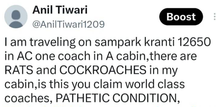 प्रीमियम कोच की व्यवस्था पर सवाल, संपर्क क्रांति एक्सप्रेस में गंदगी और चूहों से परेशान यात्रियों ने रेल मंत्री तक पहुंचाई शिकायत