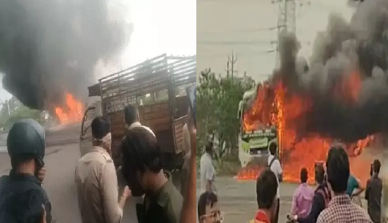 इंदौर में दौड़ती बस बनी आग का गोला, टायर फटने के बाद भड़की लपटें, समय रहते खाली कराई गई बस