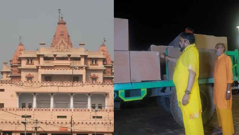 श्रीकृष्ण जन्मभूमि मंदिर निर्माण के लिए मथुरा पहुंचे भरतपुर के गुलाबी पत्थर, नौ अगस्त से कारसेवा का एलान।