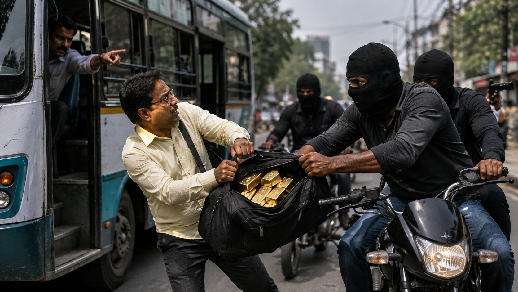 बस में सवार बदमाशों ने चालाकी से वारदात को अंजाम देकर व्यापारी का पांच किलो सोने से भरा बैग छीना।